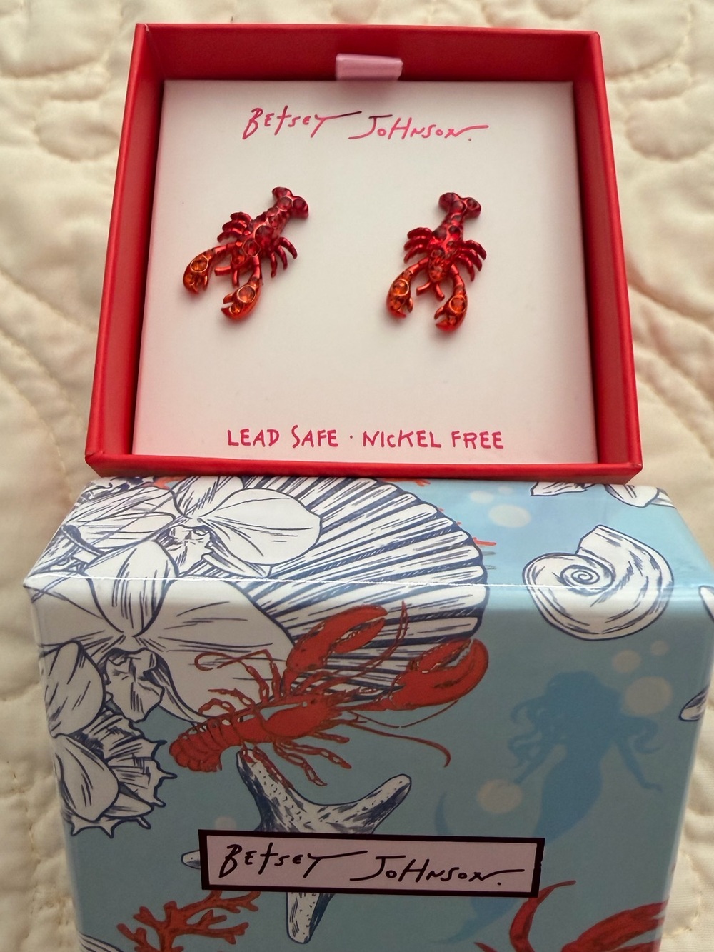 Betsey Johnson 2025 Mermaid Red Crystal Lobster Stud Earrings NWT